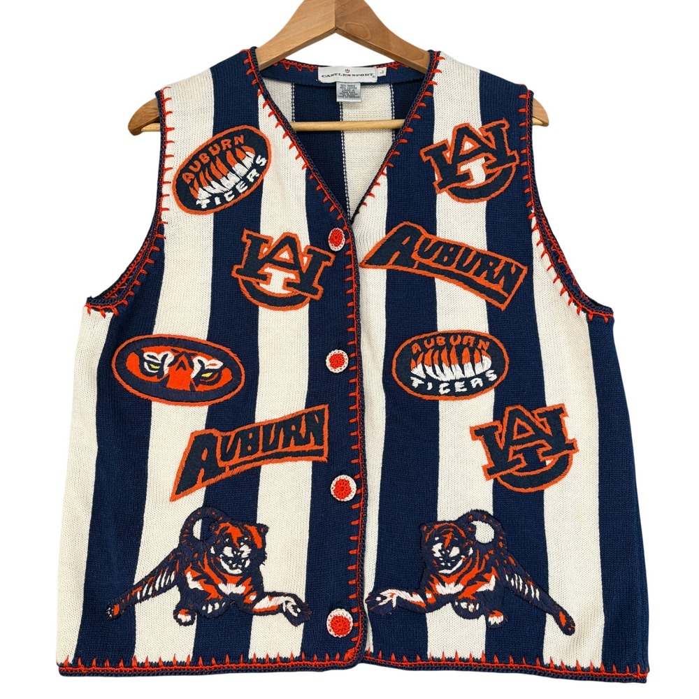 Castles Sport Auburn Tigers Sweater Vest Navy Orange Women Large Embroidered